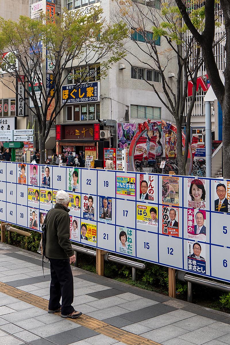 Ein Mann betrachtet die Wahlplakate im Beitrag Tokio: Einheitliche Wahl