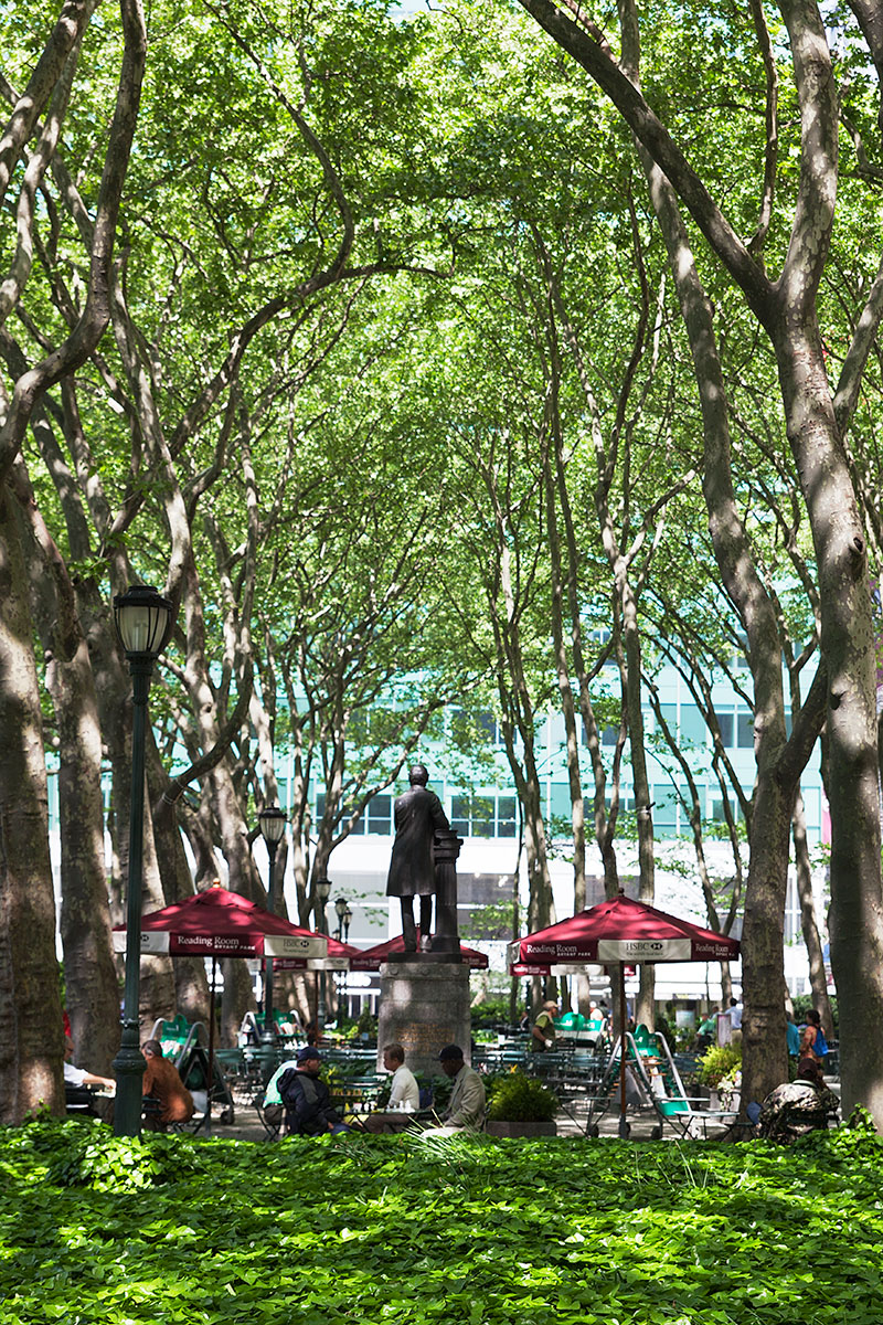 Eine Baumallee im Bryant Park, Manhattan auf der Seite Stadterkundung.com